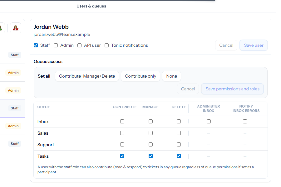 Jordan Webb&rsquo;s user pane on the Users & queues page, with Queue access table showing Inbox, Sales, Support and Tasks columns: Contribute, Manage, Delete plus Administer inbox and Notify inbox errors (greyed out for non-inbox queues)
