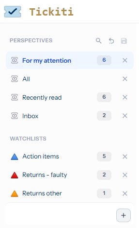 The Perspectives sidebar in edit mode — each pinned view and watchlist now has a remove (×) icon on the right, an undo and save icon at the top of the panel, and a + button at the bottom for adding a new perspective