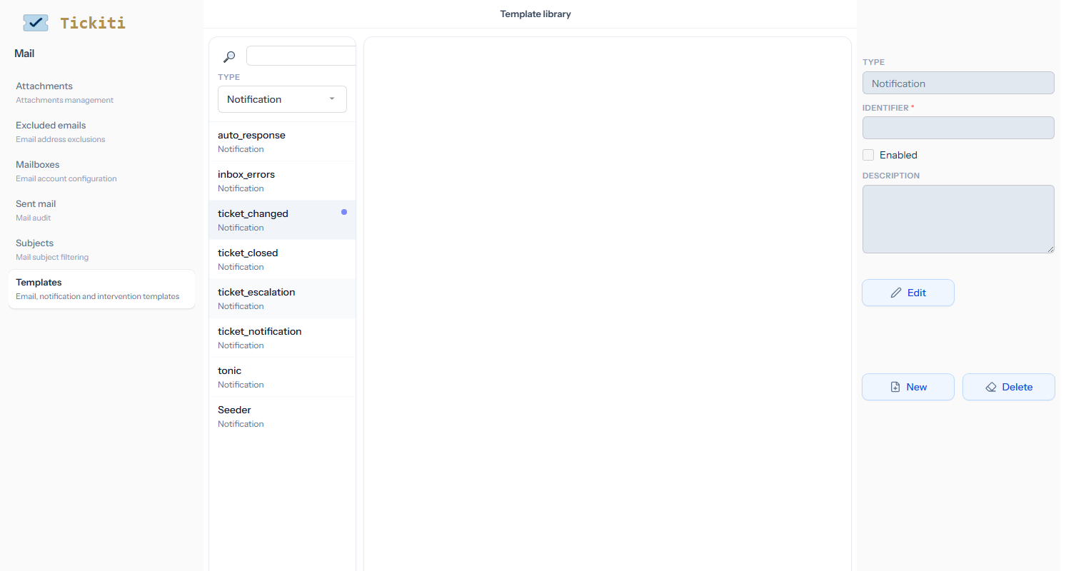 The Template library at Mail → Templates: left pane with a Type filter set to Notification and the list of notification templates (auto_response, inbox_errors, ticket_changed selected, ticket_closed, ticket_escalation, ticket_notification, tonic). Right pane shows the template metadata fields (Type, Identifier, Enabled, Description) and Edit / New / Delete buttons.
