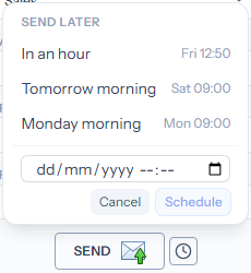 The Send later menu open above the Send button, offering In an hour, Tomorrow morning (Sat 09:00), Monday morning (Mon 09:00), and a date and time picker with Cancel and Schedule