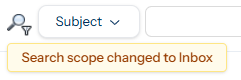 The scope button selected, with a toast reading Search scope changed to Inbox
