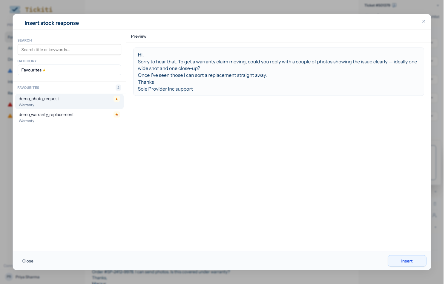 The Insert stock response dialog showing the Favourites list on the left and the demo_photo_request preview on the right
