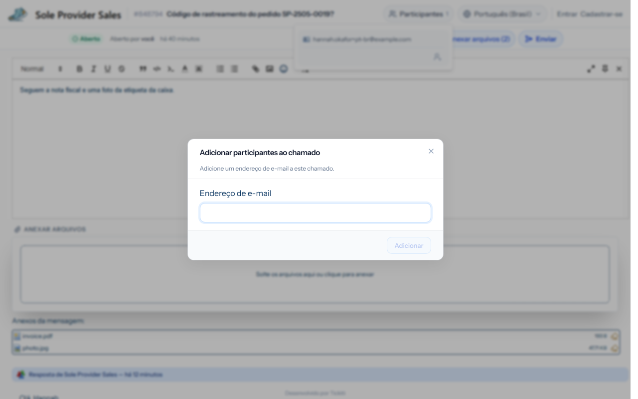 A caixa de diálogo para adicionar um participante ao chamado, com um campo de endereço de e-mail