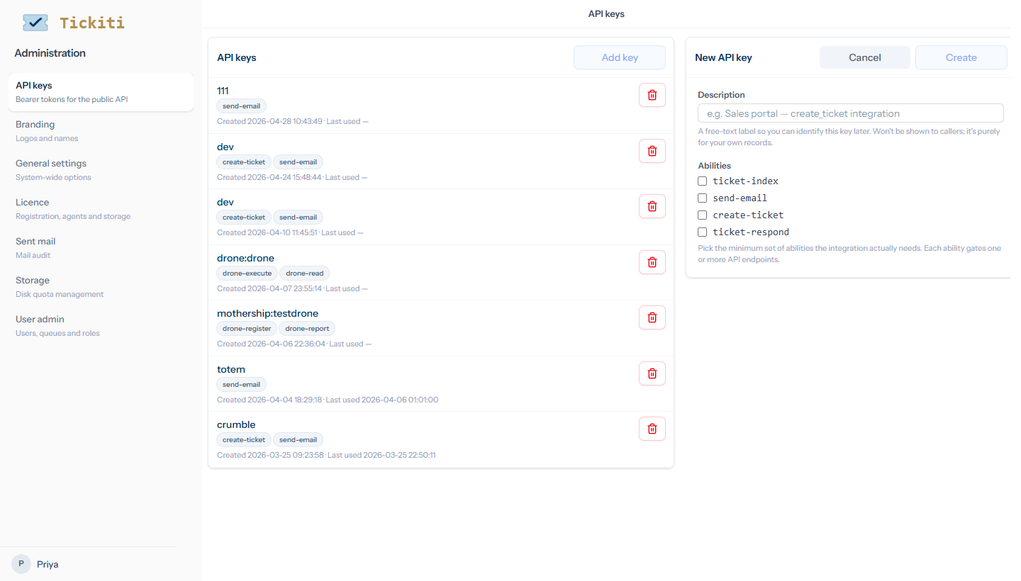 The new API key form with an owner picker, source system name, per-family read/write access, and an editable description