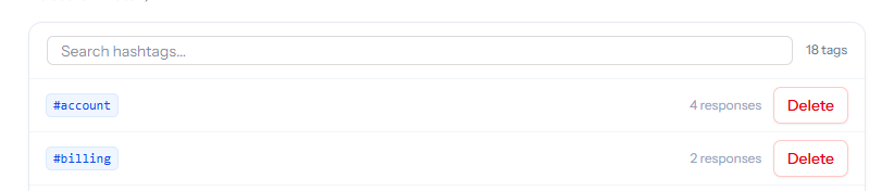 The Hashtags settings page listing tags such as #account and #billing with their response counts and a Delete button on each row