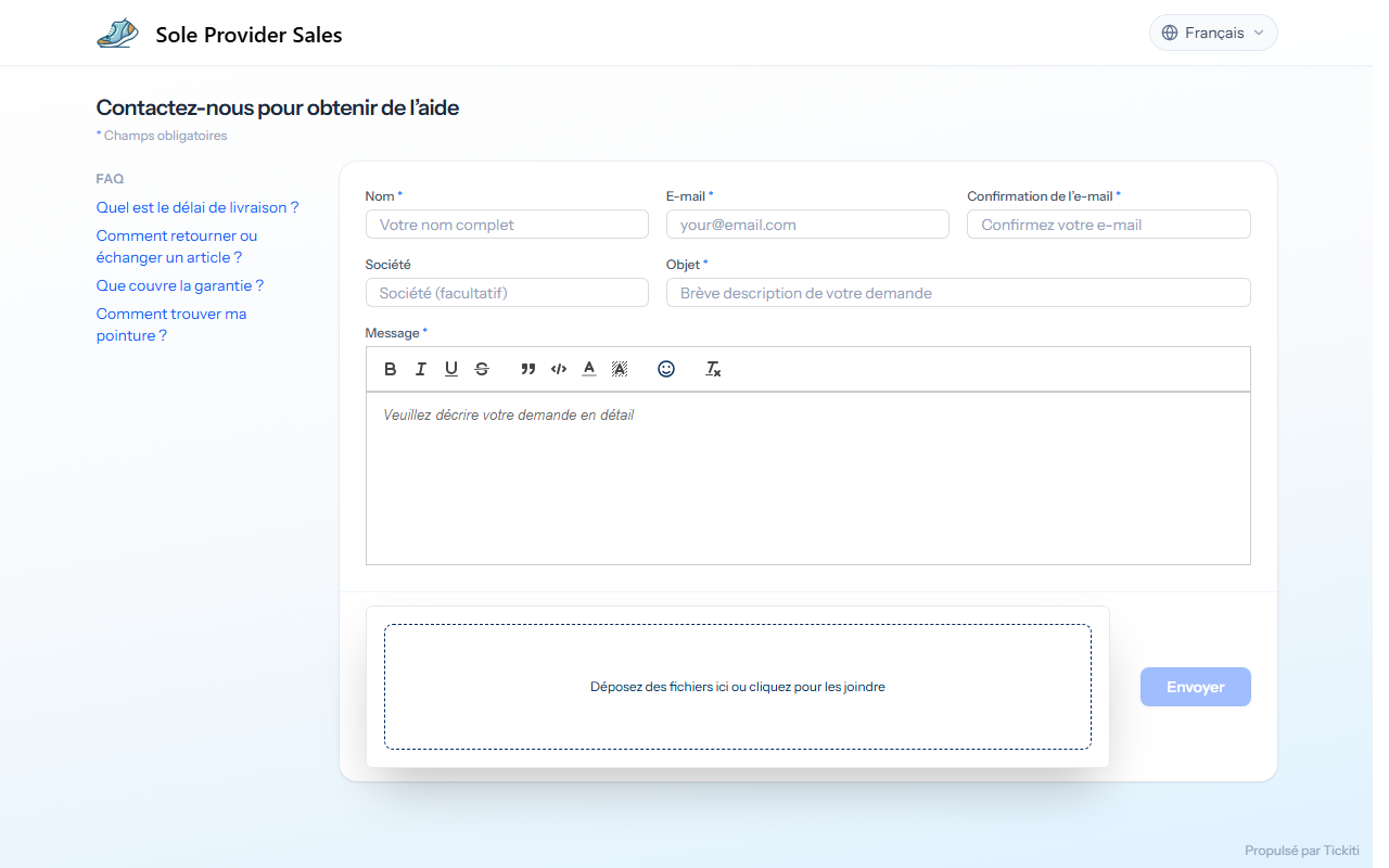 La page d’assistance de Sole Provider Sales : les questions fréquentes à gauche, et un formulaire avec les champs nom, e-mail, société, objet et message ainsi qu’une zone de dépôt de pièces jointes