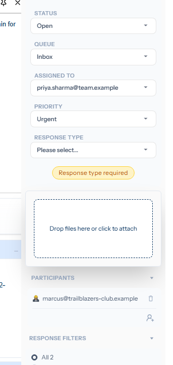 The Manage panel showing Status, Queue, Assigned to, Priority, Response type, attachments dropzone, Participants and Response filters