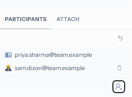 The Participants tab in the response composer's side panel, with the Attach tab beside it. Two participants are listed, priya.sharma@team.example and sam.dixon@team.example, with a trash-can remove icon beside a participant and an add-participant icon at the bottom of the tab.