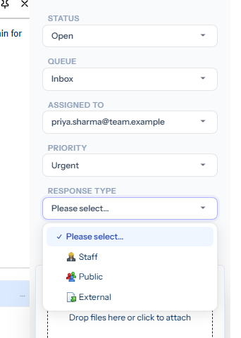 The right-hand Manage panel with the Response type dropdown open, showing Staff, Public and External options with their glyphs