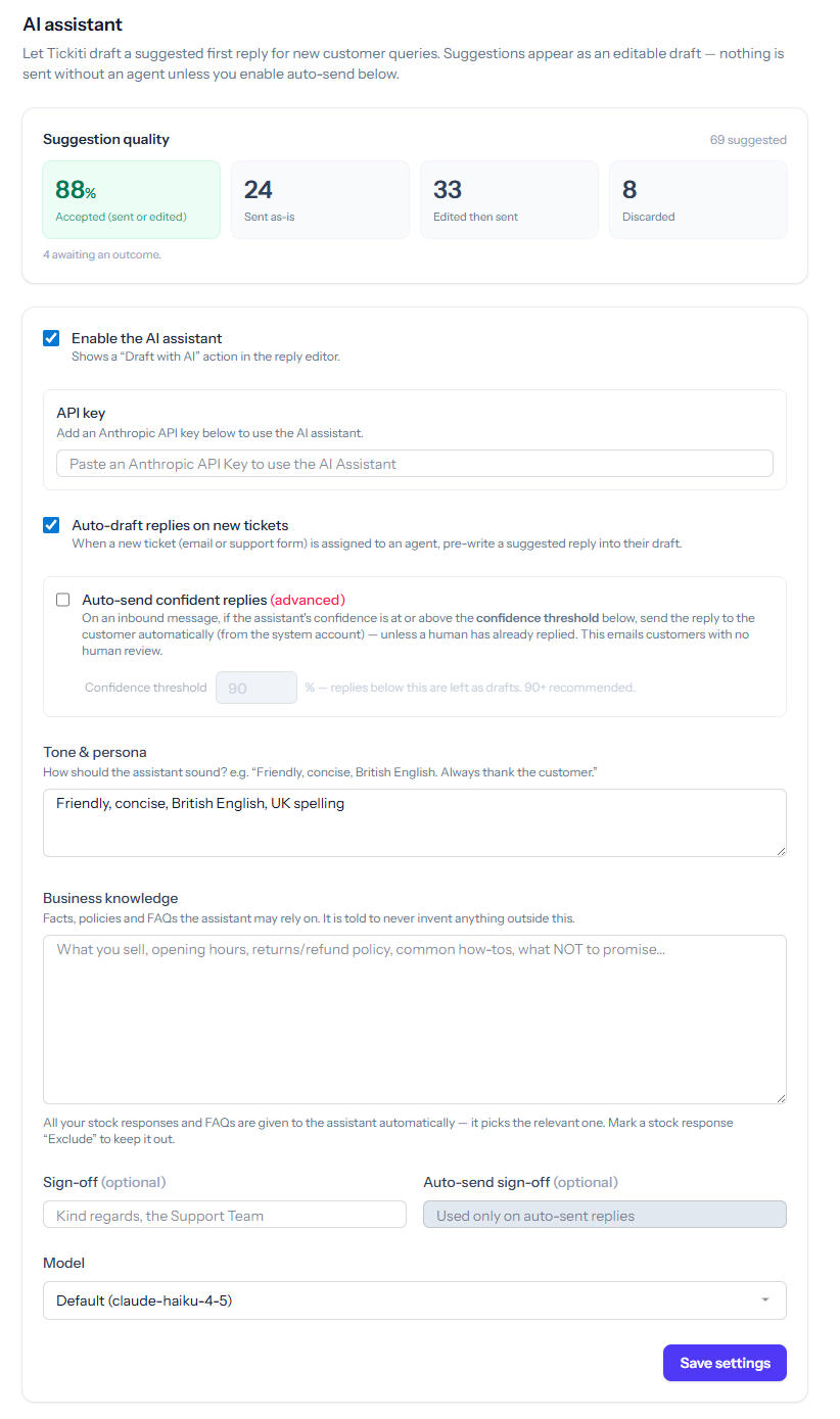 The Administration → AI assistant settings page, showing the suggestion-quality panel and configuration options