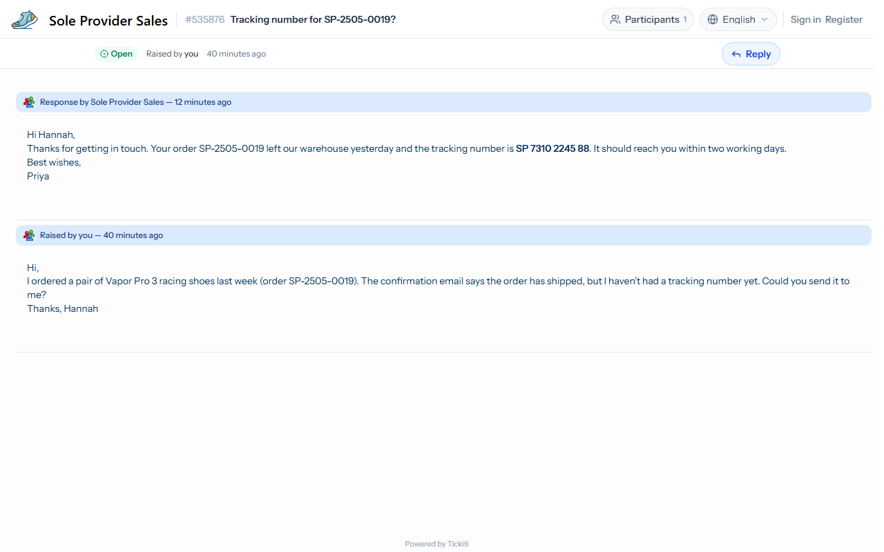 The customer view of a ticket at Sole Provider Sales: the support team's reply at the top, the customer's original message below, the Open status, and a Reply button