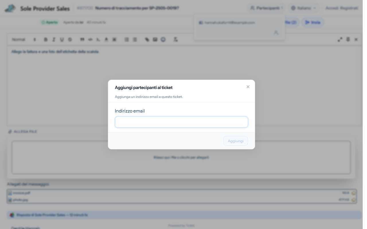 La finestra di dialogo per aggiungere un partecipante al ticket, con un campo per l'indirizzo email