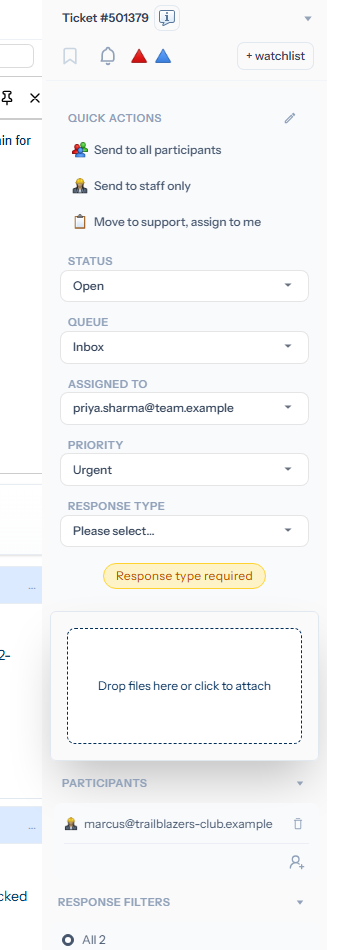 The Manage panel with a QUICK ACTIONS section at the top showing three buttons: Send to all participants, Send to staff only, and Move to support, assign to me. Below it are the usual Status, Queue, Assigned to, Priority and Response type dropdowns