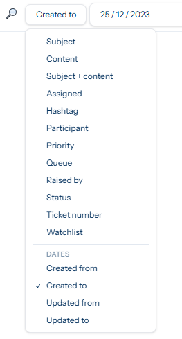 The field dropdown open, listing the search modes: Subject, Content, Subject + content, then Assigned, Hashtag, Participant, Priority, Queue, Raised by, Status, Ticket number and Watchlist, followed by a Dates group with Created from, Created to, Updated from and Updated to. Created to is selected, with a date picker alongside showing 25 / 12 / 2023.