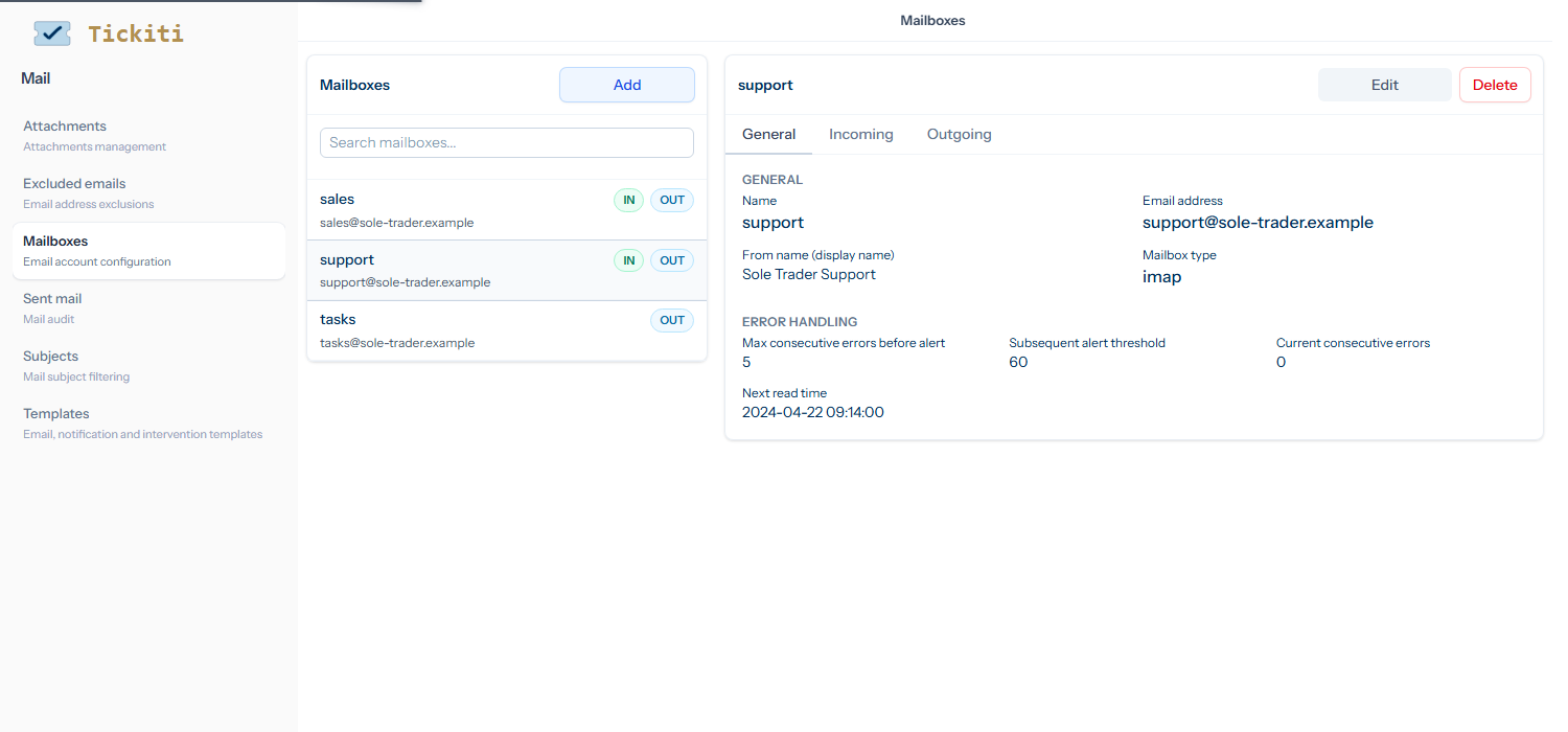 The Mailbox library at Mail → Mailboxes: list on the left with sales (IN OUT), support (IN OUT, selected), and tasks (OUT) — all on sole-trader.example. The detail pane on the right shows the support mailbox with General/Incoming/Outgoing tabs, the General tab visible with Name, Email address, From name, Mailbox type imap, and an Error handling panel.