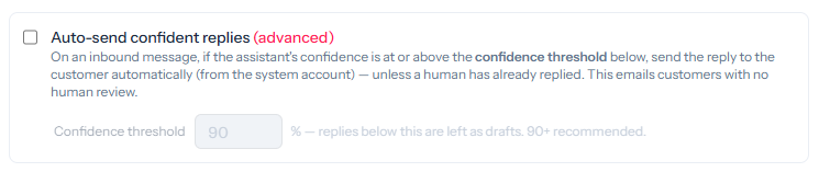 The Auto-send confident replies toggle and the confidence threshold input