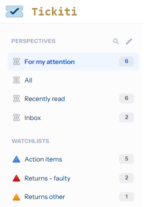 The Perspectives sidebar panel showing four pinned views — For my attention (6), All, Recently read (6), Inbox (2) — and three watchlists below: Action items (5), Returns - faulty (2) and Returns other (1)