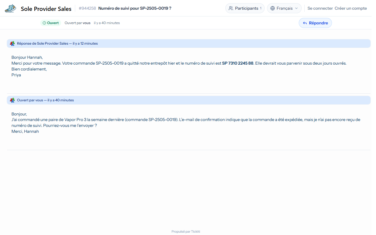 La vue client d’un ticket chez Sole Provider Sales : la réponse de l’équipe d’assistance en haut, le message initial du client en dessous, le statut Ouvert et un bouton Répondre