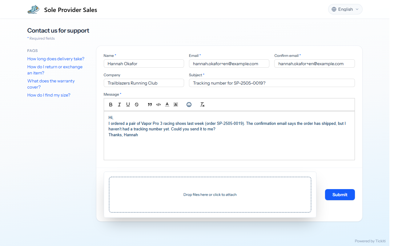 The form filled in with a delivery enquiry: name, email, company, subject and a paragraph of detail in the message