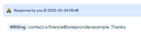 A staff response with the hashtag #Billing shown as a highlighted blue pill in the response body