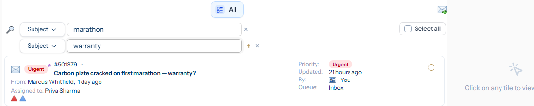 The search bar showing two stacked Subject filters, marathon and warranty, OR-combined; the result list below shows the single matching ticket whose subject contains both