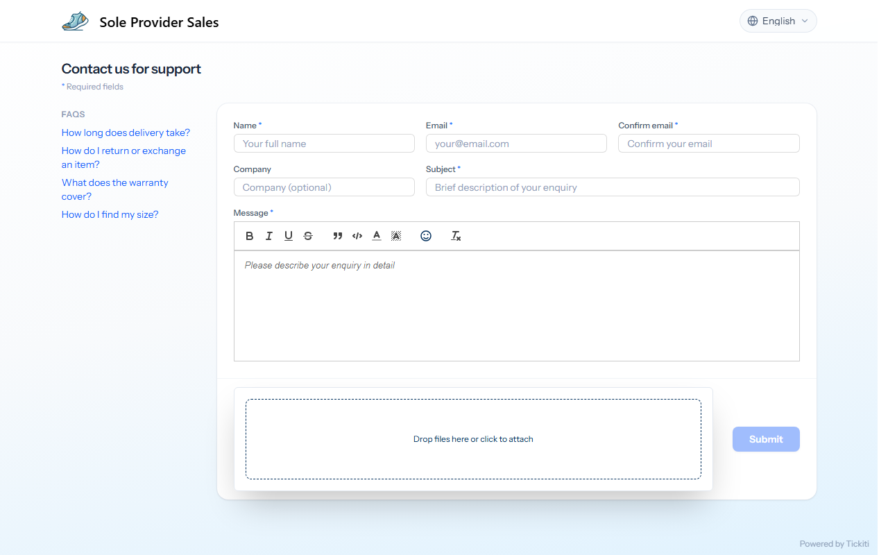 The Sole Provider Sales support page: frequently asked questions on the left, and a form with name, email, company, subject and message fields and an attachment dropzone