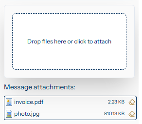 The attachment dropzone with two attachment chips below it — invoice.pdf and photo.jpg — each with a remove button on the right
