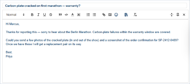The response composer open above the conversation, with a typed reply asking the customer for photos and an order screenshot