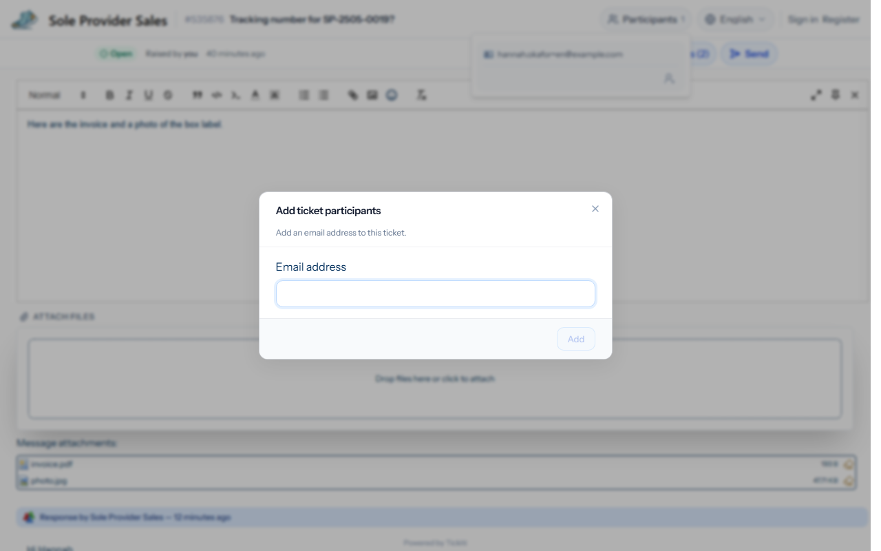 The dialog for adding a participant to the ticket, with an email address field