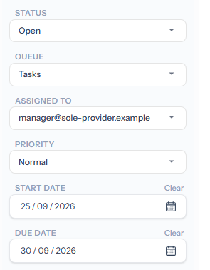 The editing panel of a task: Status Open, Queue Tasks, Assigned to manager@sole-provider.example, Priority Normal, Start date 25/09/2026 and Due date 30/09/2026, each date with a Clear link