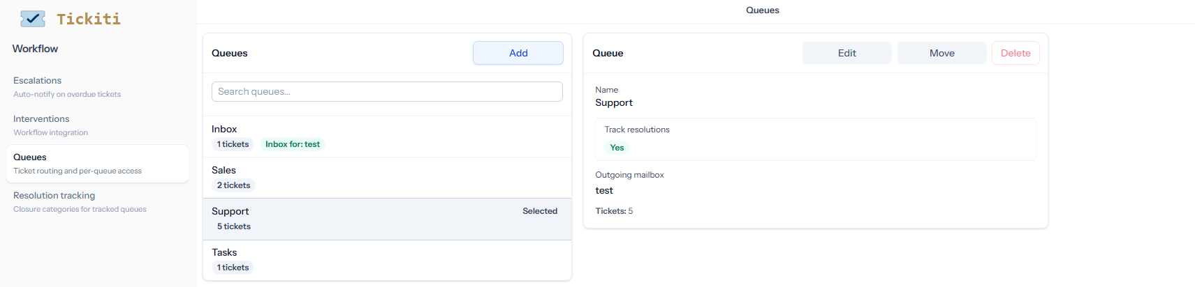 The Queues admin page: list of queues on the left (Inbox 1 ticket and Inbox for: test, Sales 2, Support 5 selected, Tasks 1) with the Support queue detail on the right showing Name, Track resolutions Yes, Outgoing mailbox test, Tickets 5