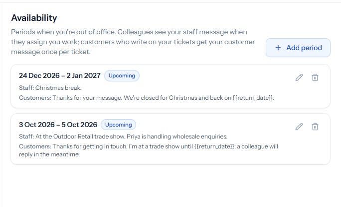 The Availability page with an Add period button and two upcoming periods: 24 Dec 2026 – 2 Jan 2027, staff message Christmas break and a customer message about being closed for Christmas; and 3 Oct 2026 – 5 Oct 2026, staff message At the Outdoor Retail trade show. Priya is handling wholesale enquiries, and a customer message