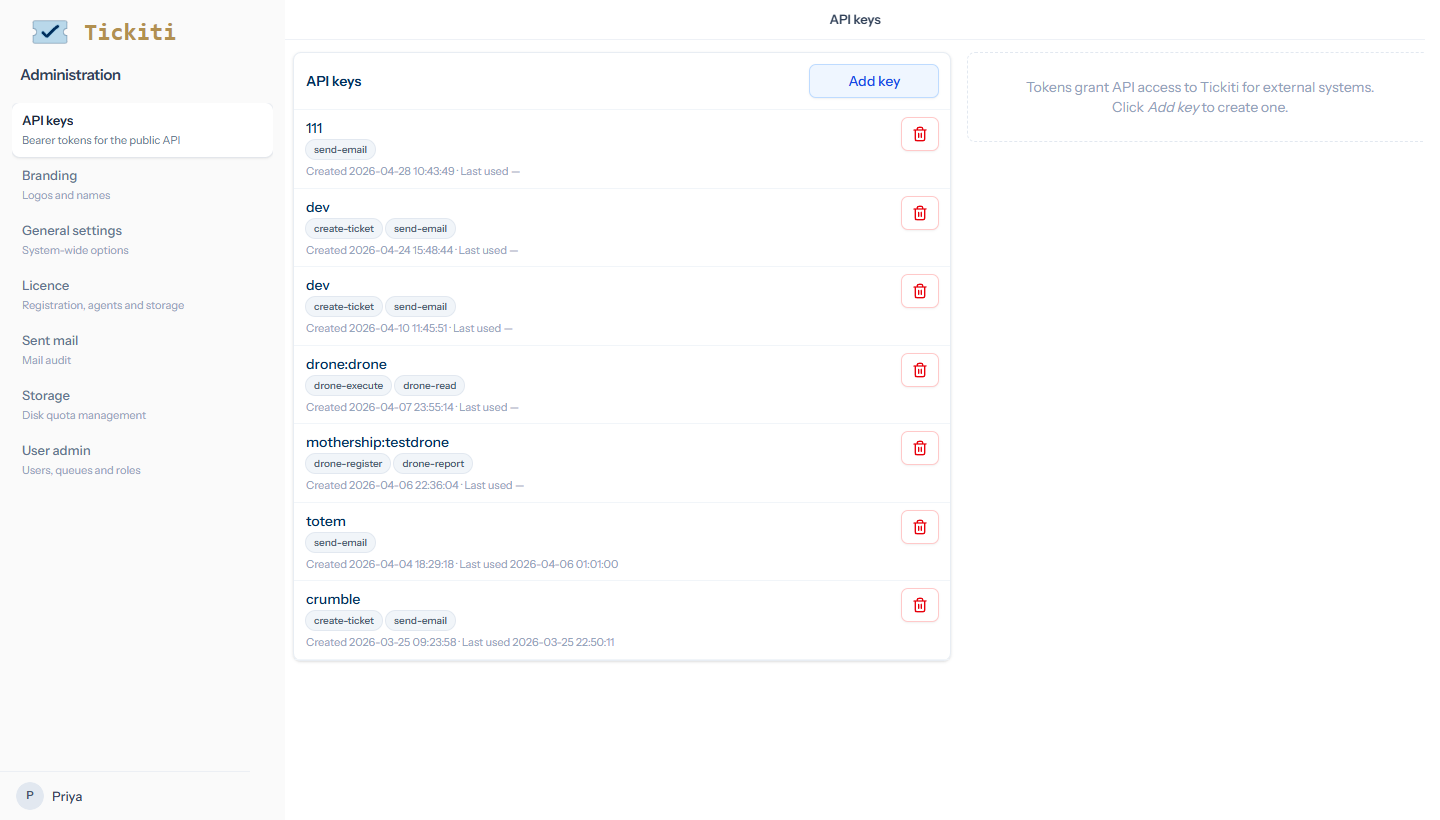 The API keys admin page listing existing tokens with their abilities and last-used timestamps