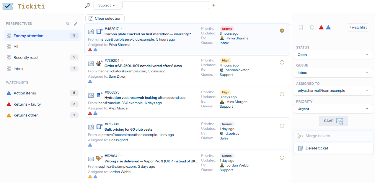 Annotated overview of the Tickiti ticket browser showing the Tickiti logo, perspectives panel, search bar, ticket list, detail pane and user menu